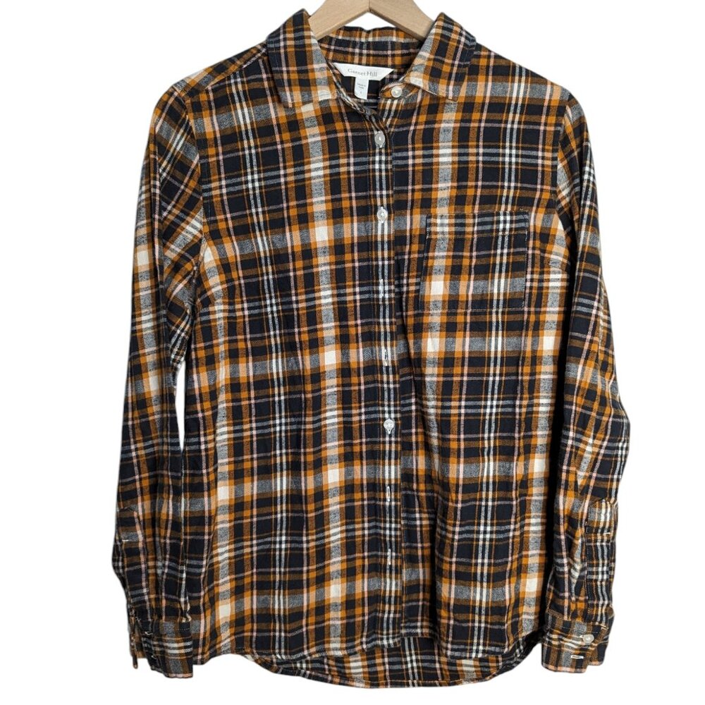 Garnet Hill Button Up Flannel Shirt Size 4 Small Black Yellow Plaid 100% Cotton